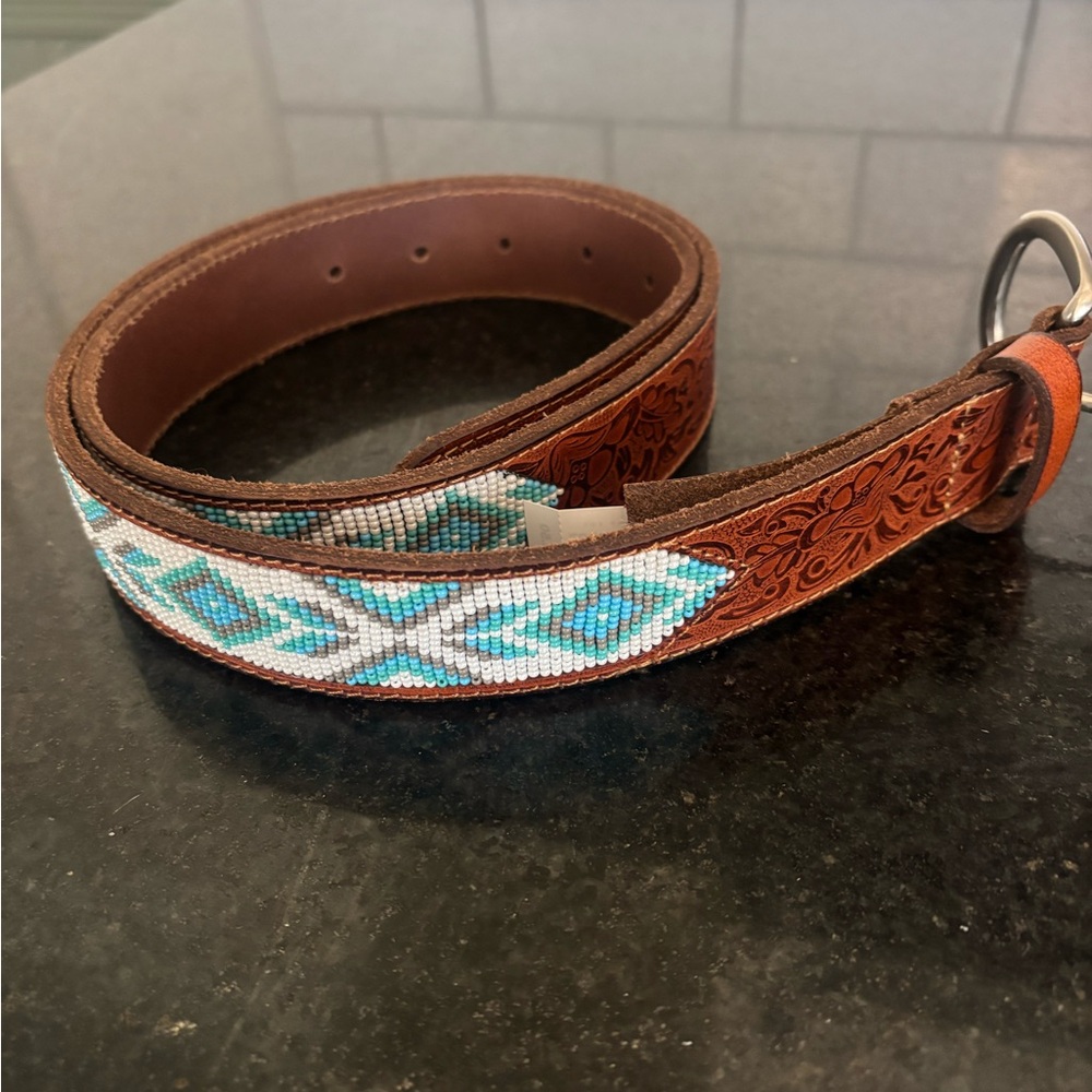 Lucky Brand Brown Leather Belt with Blue Pattern